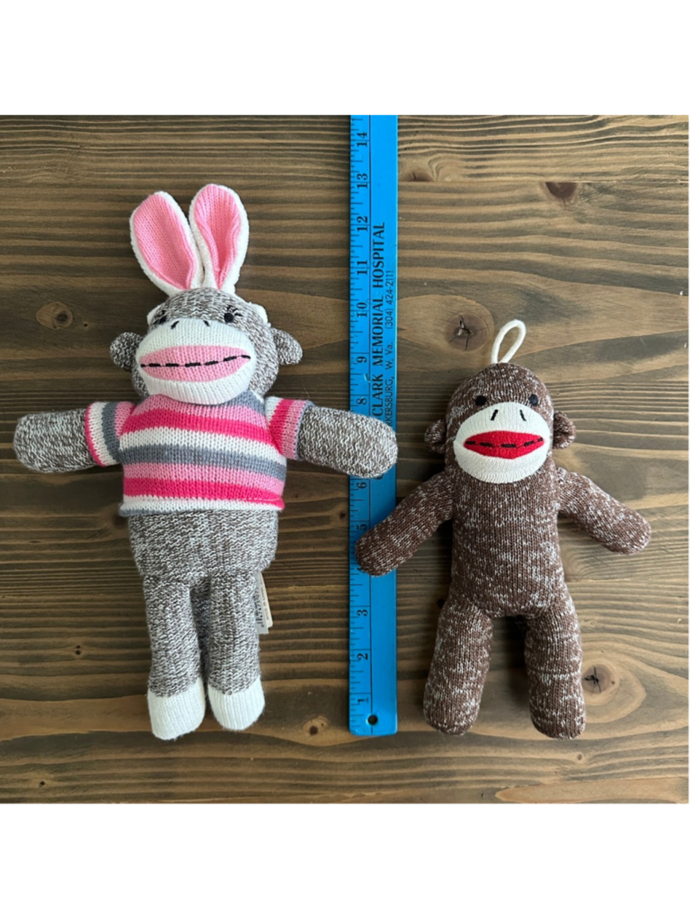 Sock Monkey Plush Set – 13” & 8” Gray and Brown Stuffed Animals with Bunny Ears